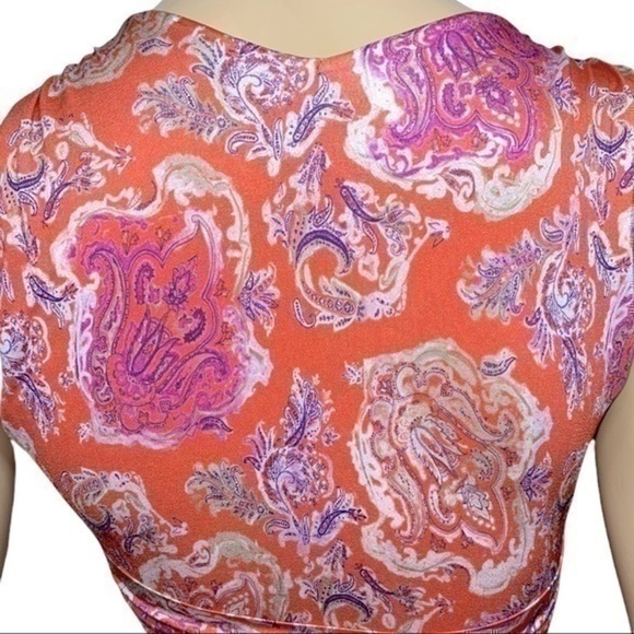 Etro Women’s Size 40 4 Orange Pink Paisley Surplice Cinched Waist Flowy Dress - Picture 7 of 10
